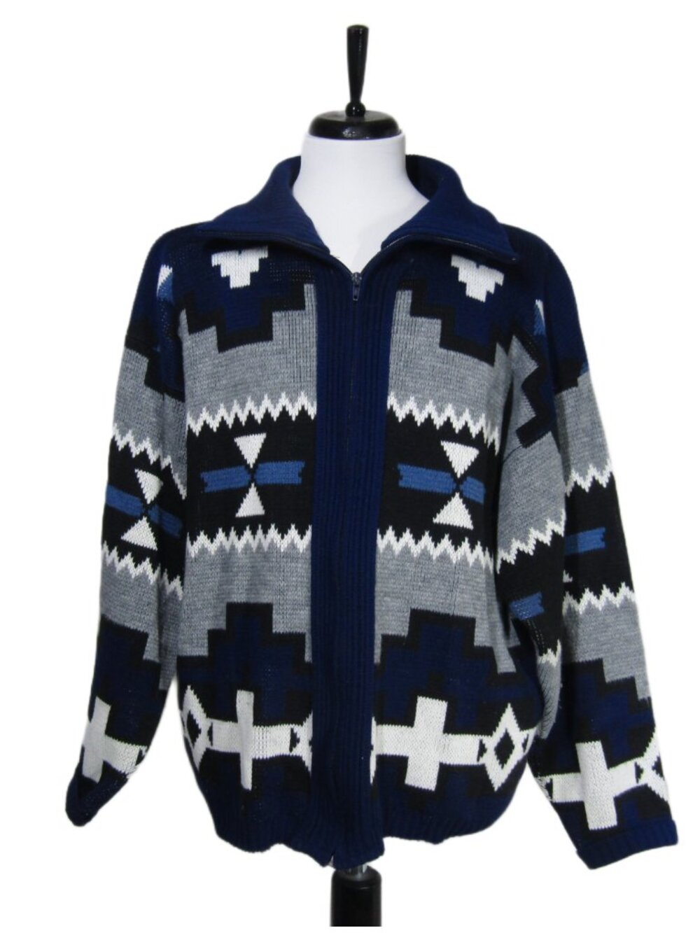 VTG 70s 80s  Men Aztec Southwestern Zip Cardigan Sweater Rockabilly  Navy Blue M